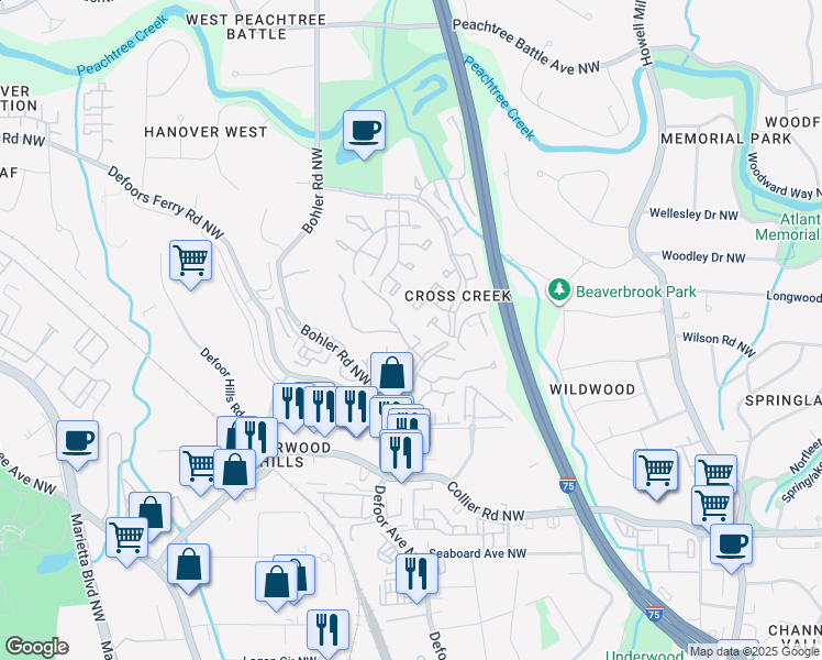 map of restaurants, bars, coffee shops, grocery stores, and more near 2605 Noble Creek Drive Northwest in Atlanta