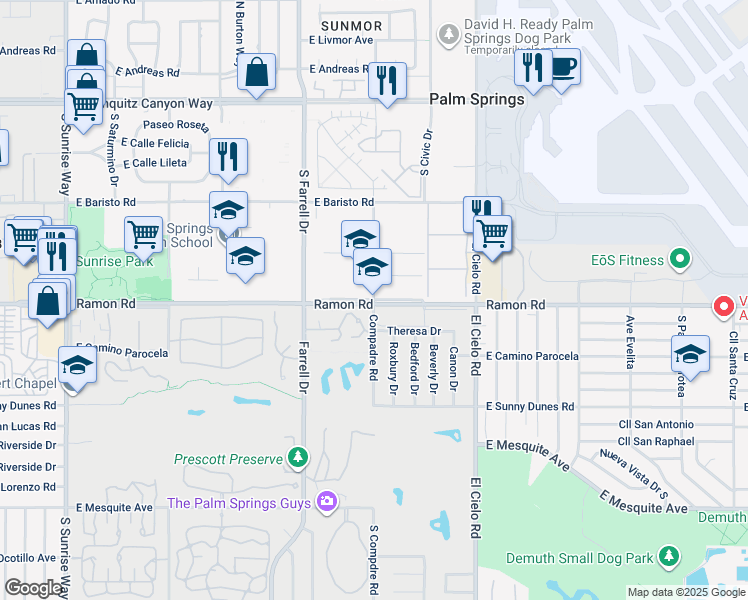 map of restaurants, bars, coffee shops, grocery stores, and more near 490 South Compadre Road in Palm Springs