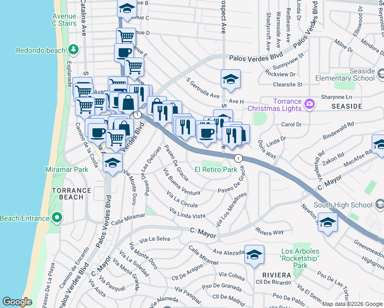 map of restaurants, bars, coffee shops, grocery stores, and more near 6046 South Pacific Coast Highway in Redondo Beach