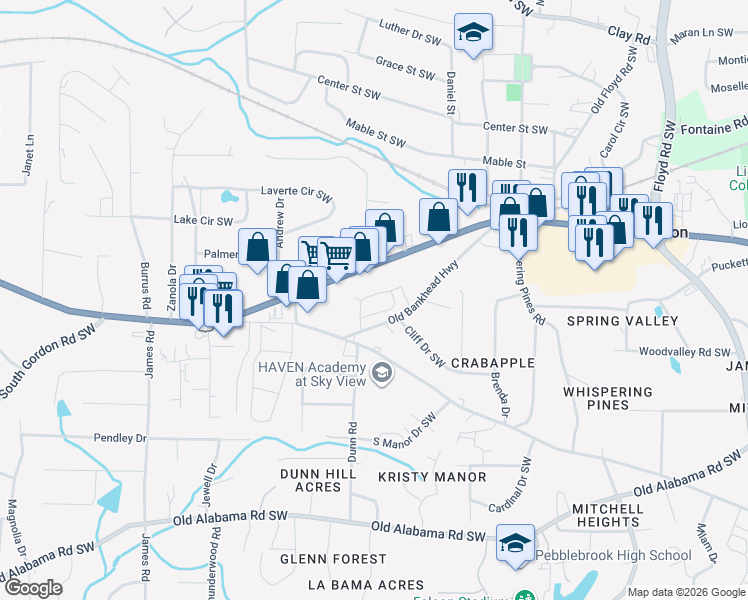 map of restaurants, bars, coffee shops, grocery stores, and more near 1123 Elyse Lane in Mableton