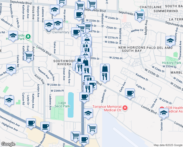 map of restaurants, bars, coffee shops, grocery stores, and more near 23135 Samuel Street in Torrance