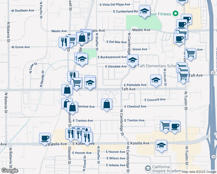 map of restaurants, bars, coffee shops, grocery stores, and more near 626 East Palmdale Avenue in Orange