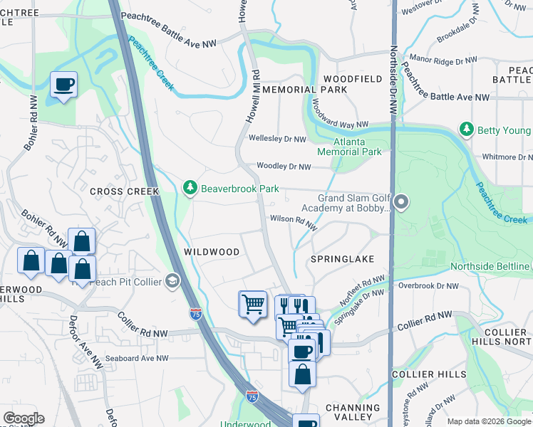 map of restaurants, bars, coffee shops, grocery stores, and more near in Atlanta