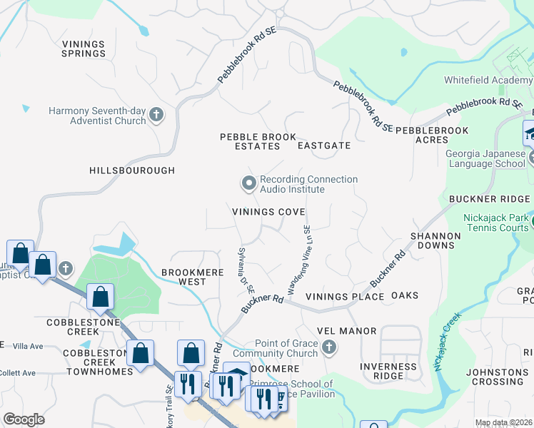 map of restaurants, bars, coffee shops, grocery stores, and more near 5461 Trumpet Vine Trail Southeast in Mableton