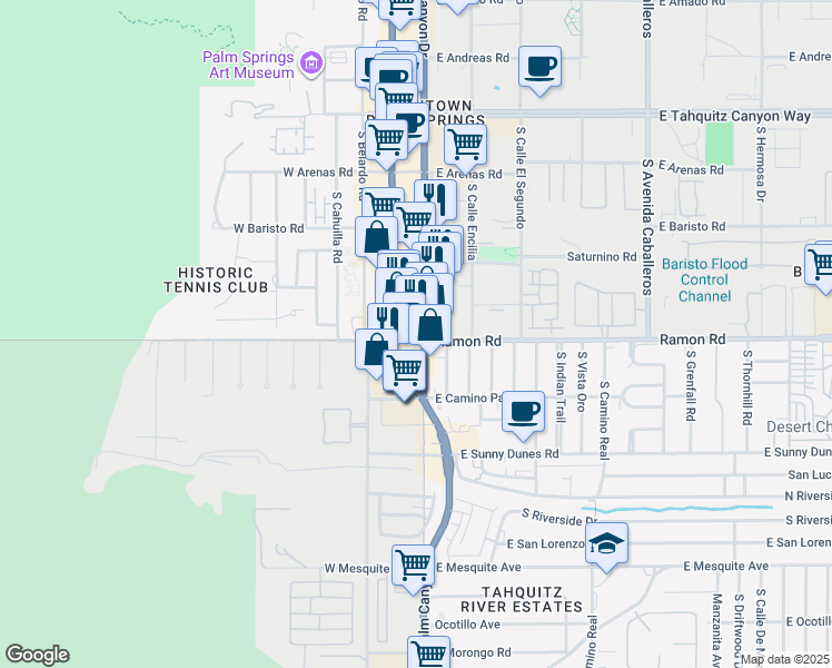 map of restaurants, bars, coffee shops, grocery stores, and more near 478 California 111 Business in Palm Springs