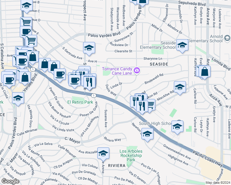 map of restaurants, bars, coffee shops, grocery stores, and more near 23240 Doris Way in Torrance