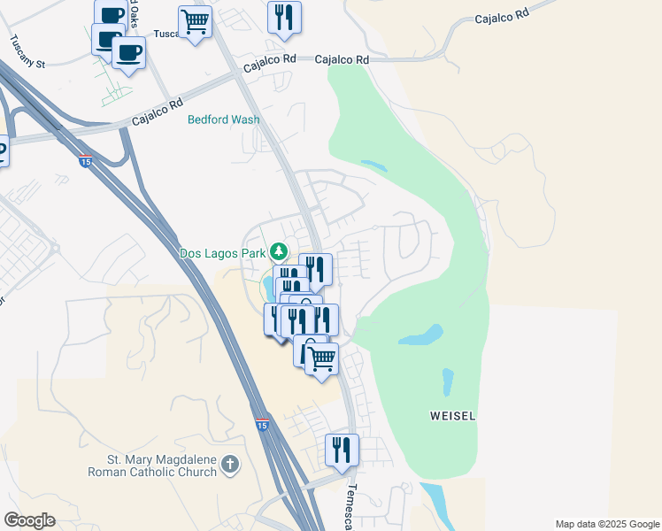 map of restaurants, bars, coffee shops, grocery stores, and more near 4304 Owens Street in Corona