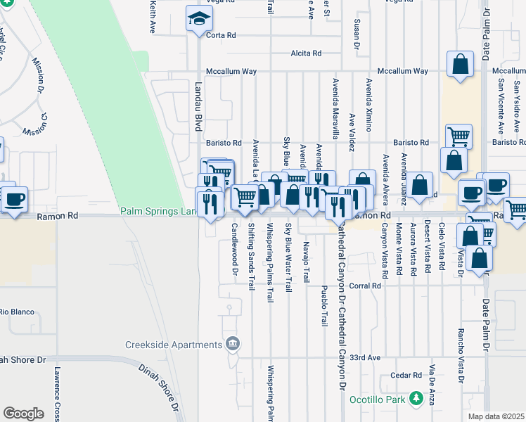 map of restaurants, bars, coffee shops, grocery stores, and more near 2372 Ramon Road in Cathedral City