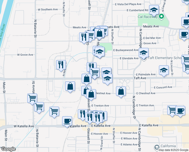 map of restaurants, bars, coffee shops, grocery stores, and more near 131 East Taft Avenue in Orange