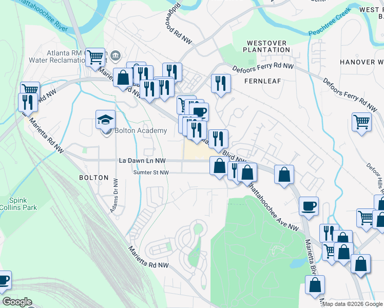map of restaurants, bars, coffee shops, grocery stores, and more near 1845 La Dawn Ln NW in Atlanta