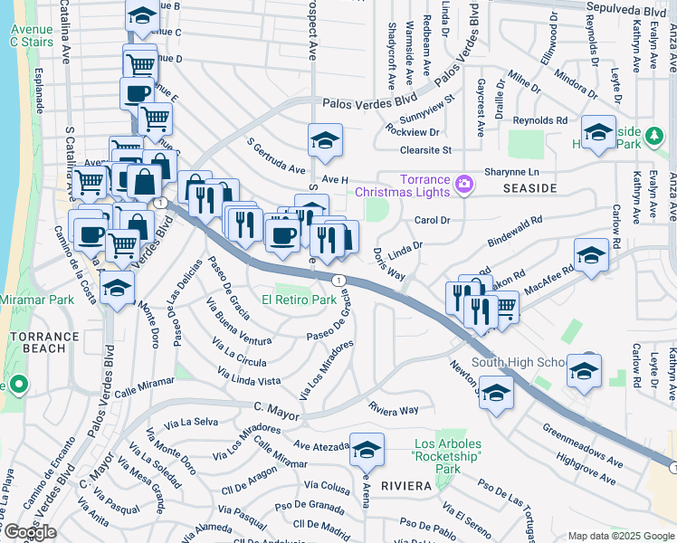 map of restaurants, bars, coffee shops, grocery stores, and more near 1920 South Pacific Coast Highway in Redondo Beach