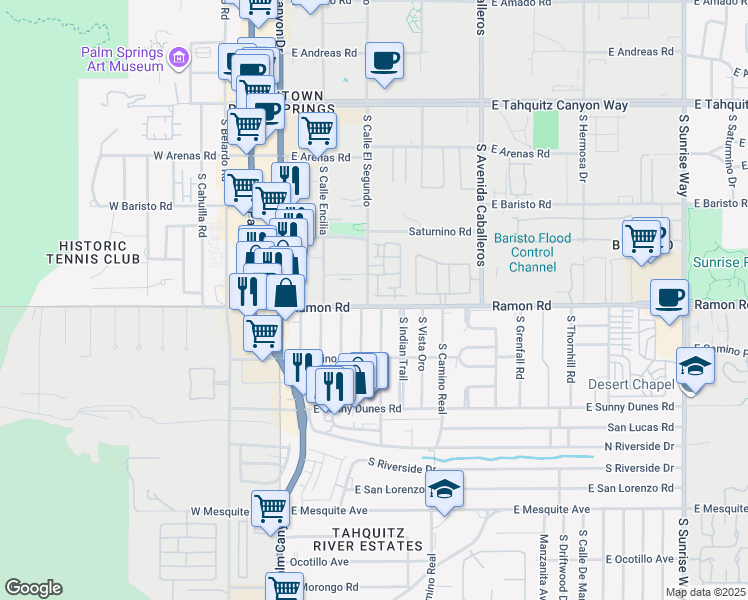 map of restaurants, bars, coffee shops, grocery stores, and more near 419 Tan Oak Drive in Palm Springs