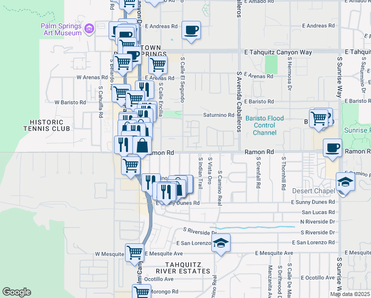 map of restaurants, bars, coffee shops, grocery stores, and more near 419 Tan Oak Drive in Palm Springs