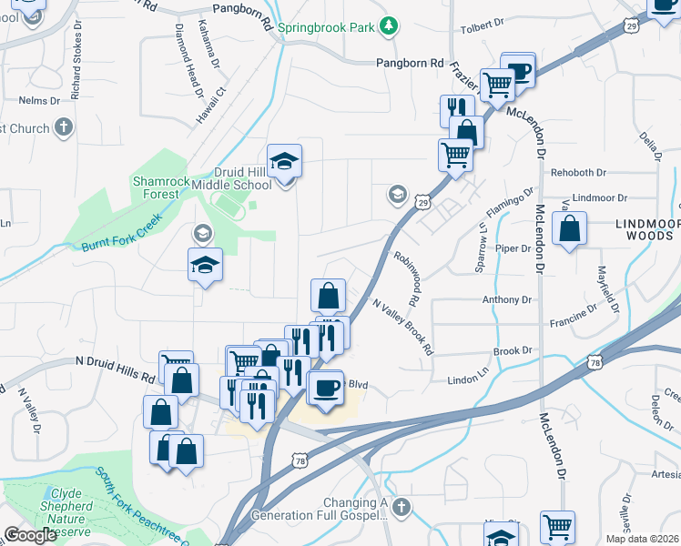 map of restaurants, bars, coffee shops, grocery stores, and more near 2340 Lawrenceville Highway in Decatur