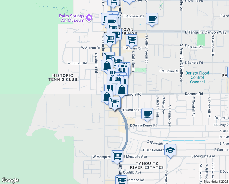map of restaurants, bars, coffee shops, grocery stores, and more near 100 West Ramon Road in Palm Springs