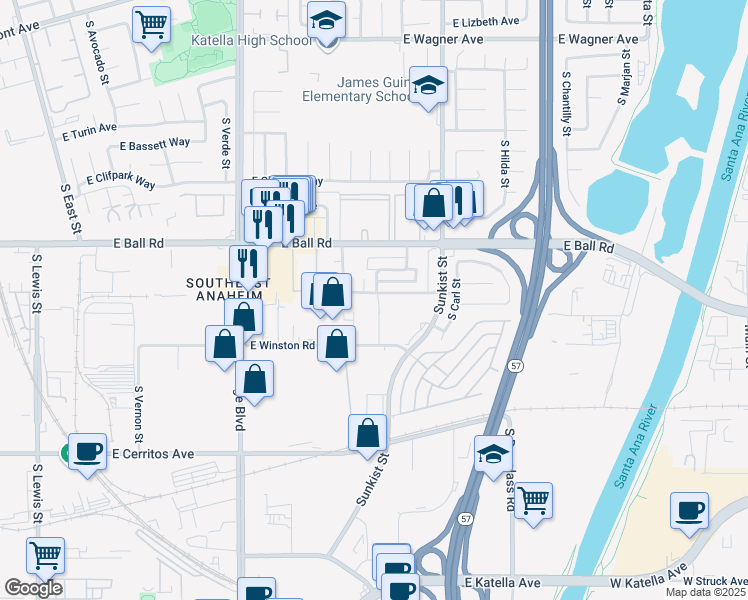 map of restaurants, bars, coffee shops, grocery stores, and more near 1261 South Simpson Circle in Anaheim