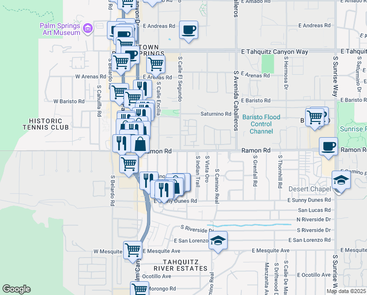 map of restaurants, bars, coffee shops, grocery stores, and more near 419 Tan Oak Drive in Palm Springs