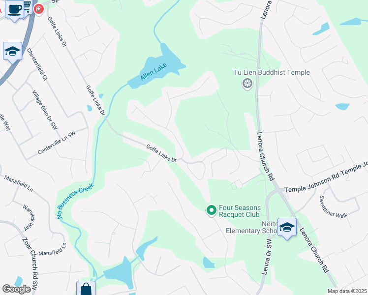 map of restaurants, bars, coffee shops, grocery stores, and more near 3685 Golfe Links Drive in Snellville