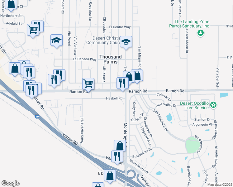 map of restaurants, bars, coffee shops, grocery stores, and more near 72921 Ramon Road in Thousand Palms