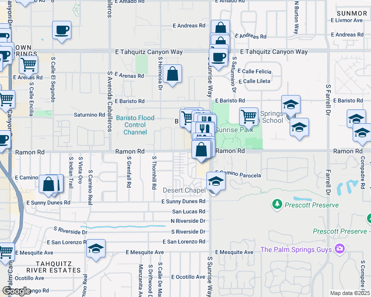 map of restaurants, bars, coffee shops, grocery stores, and more near 51 Alesandro Road in Palm Springs
