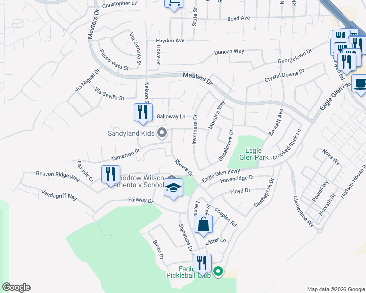 map of restaurants, bars, coffee shops, grocery stores, and more near 4190 Inverness Drive in Corona