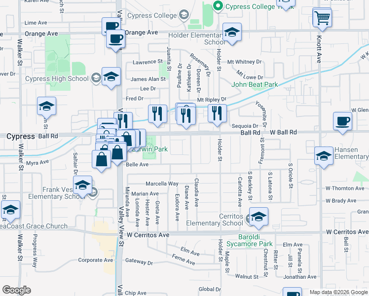 map of restaurants, bars, coffee shops, grocery stores, and more near 10251 Elizabeth Lane in Buena Park