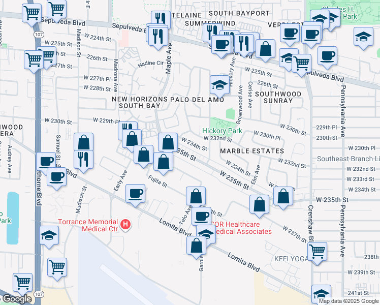 map of restaurants, bars, coffee shops, grocery stores, and more near 2887 West 235th Street in Torrance