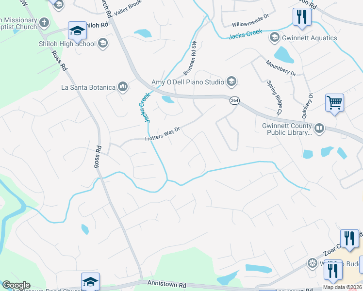map of restaurants, bars, coffee shops, grocery stores, and more near 4205 Bridlegate Way in Snellville