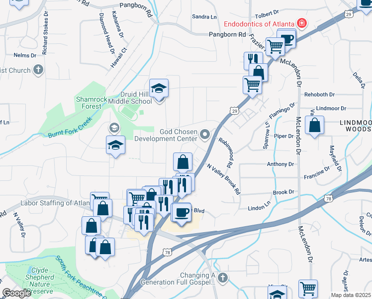 map of restaurants, bars, coffee shops, grocery stores, and more near 2326 Lawrenceville Highway in Decatur