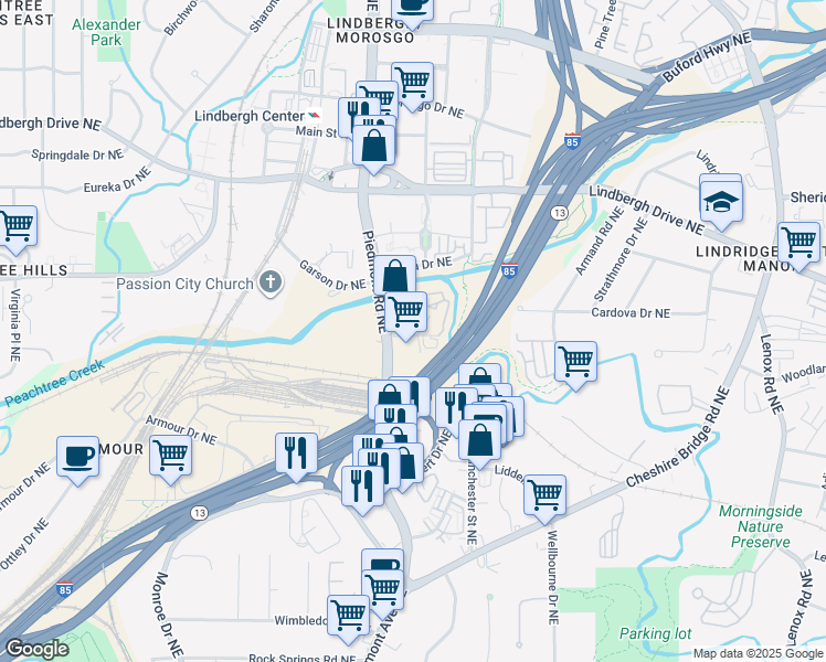 map of restaurants, bars, coffee shops, grocery stores, and more near 10 Lakeshore Drive Northeast in Atlanta