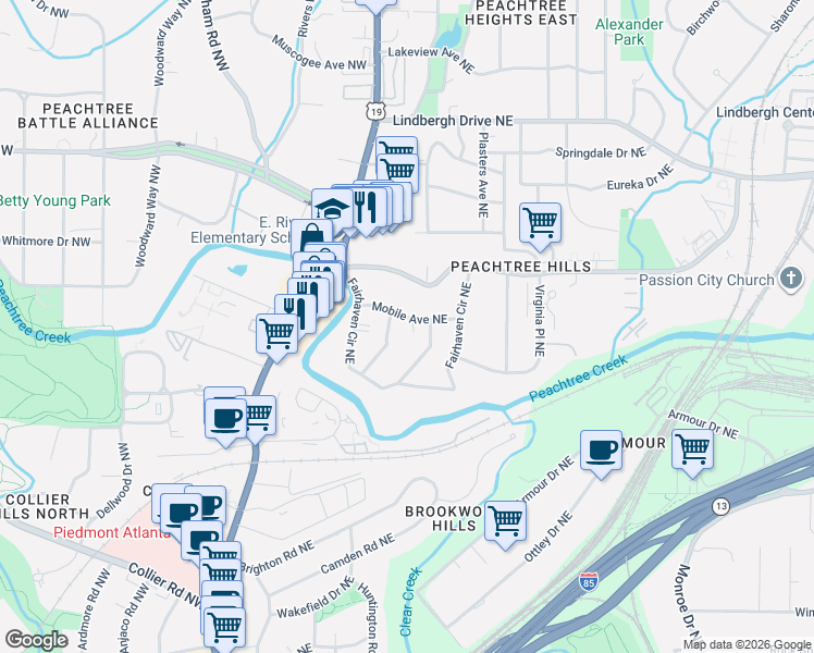 map of restaurants, bars, coffee shops, grocery stores, and more near 2219 Willow Avenue Northeast in Atlanta