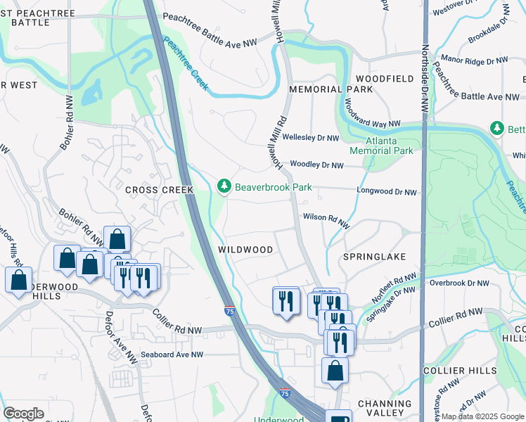 map of restaurants, bars, coffee shops, grocery stores, and more near 878 Beaverbrook Drive Northwest in Atlanta