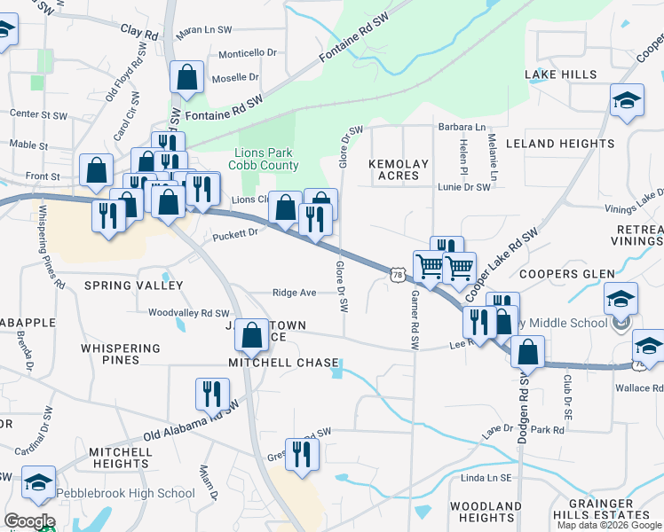 map of restaurants, bars, coffee shops, grocery stores, and more near 5650 Glore Drive Southwest in Mableton