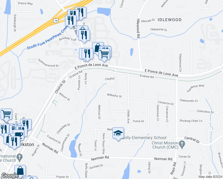 map of restaurants, bars, coffee shops, grocery stores, and more near 3959 Back Trail in Clarkston