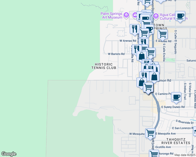 map of restaurants, bars, coffee shops, grocery stores, and more near 700 West Ramon Road in Palm Springs