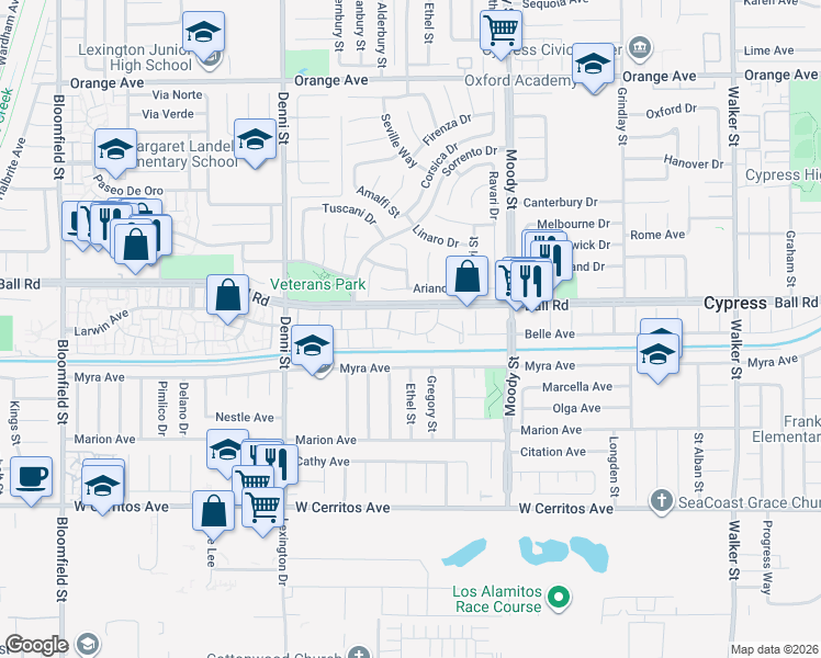map of restaurants, bars, coffee shops, grocery stores, and more near 4773 Larwin Avenue in Cypress