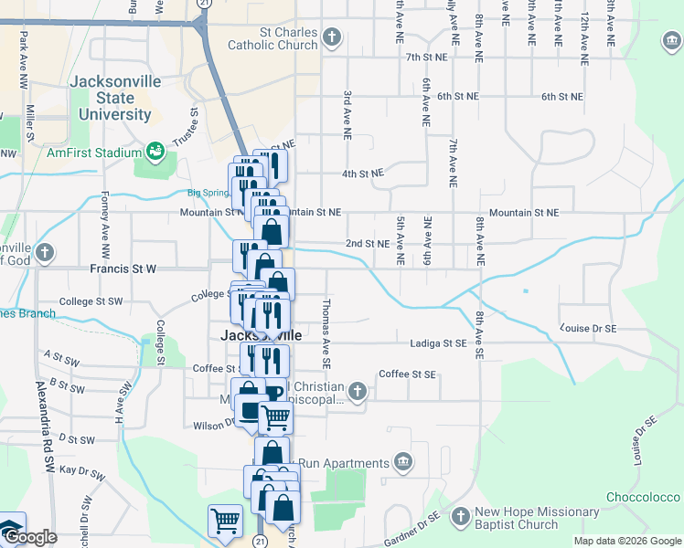 map of restaurants, bars, coffee shops, grocery stores, and more near 305 Francis Street East in Jacksonville