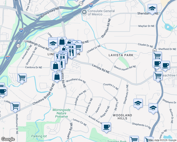 map of restaurants, bars, coffee shops, grocery stores, and more near 1261 Lavista Road Northeast in Atlanta