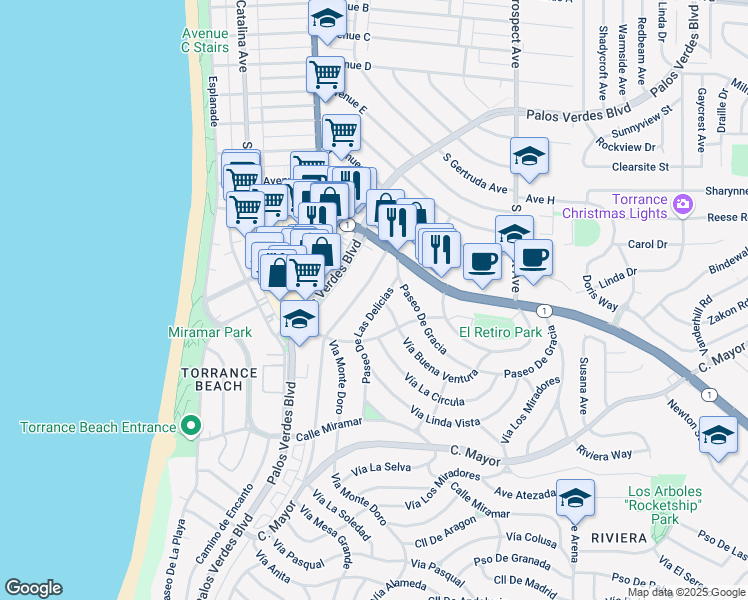 map of restaurants, bars, coffee shops, grocery stores, and more near 139 Paseo De Las Delicias in Redondo Beach
