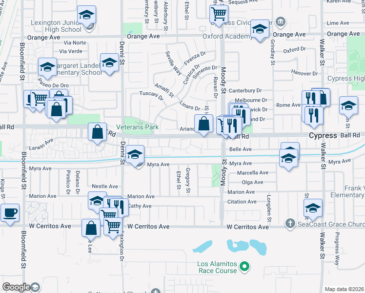 map of restaurants, bars, coffee shops, grocery stores, and more near 4777 Larwin Avenue in Cypress