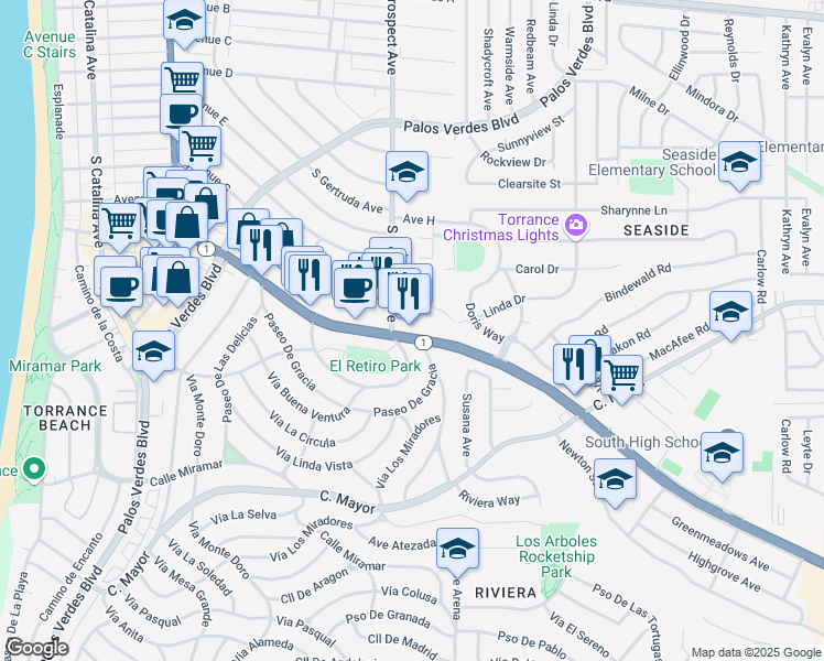 map of restaurants, bars, coffee shops, grocery stores, and more near 1920 South Pacific Coast Highway in Redondo Beach