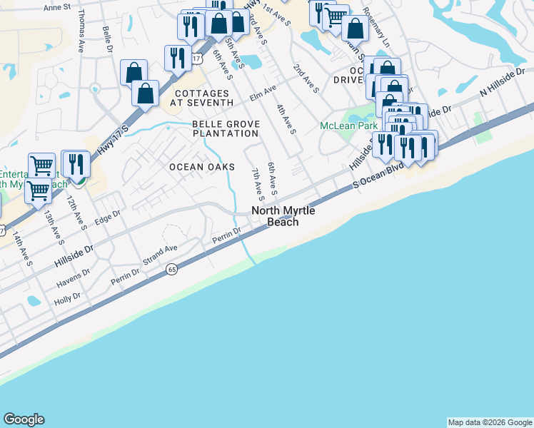 map of restaurants, bars, coffee shops, grocery stores, and more near 600-S South Ocean Boulevard in North Myrtle Beach