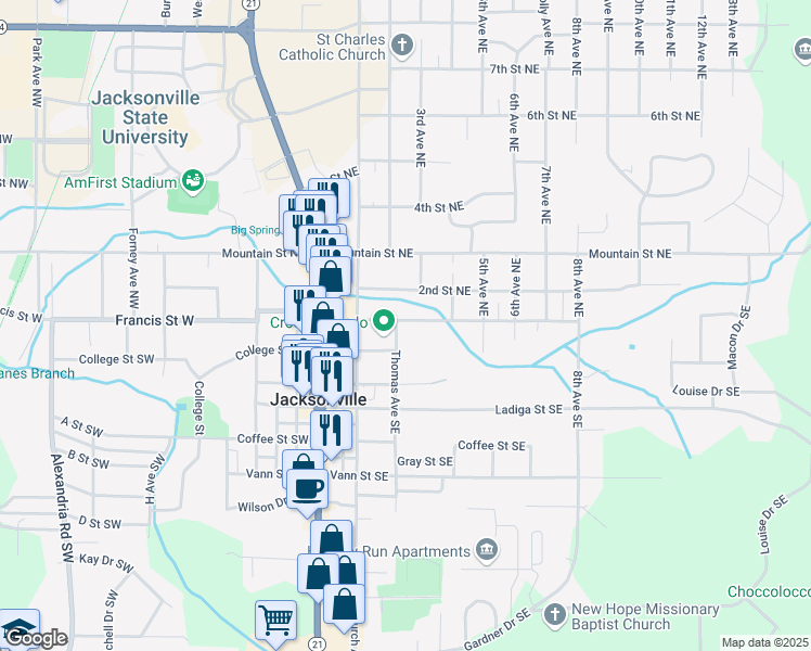 map of restaurants, bars, coffee shops, grocery stores, and more near 305 Francis Street East in Jacksonville
