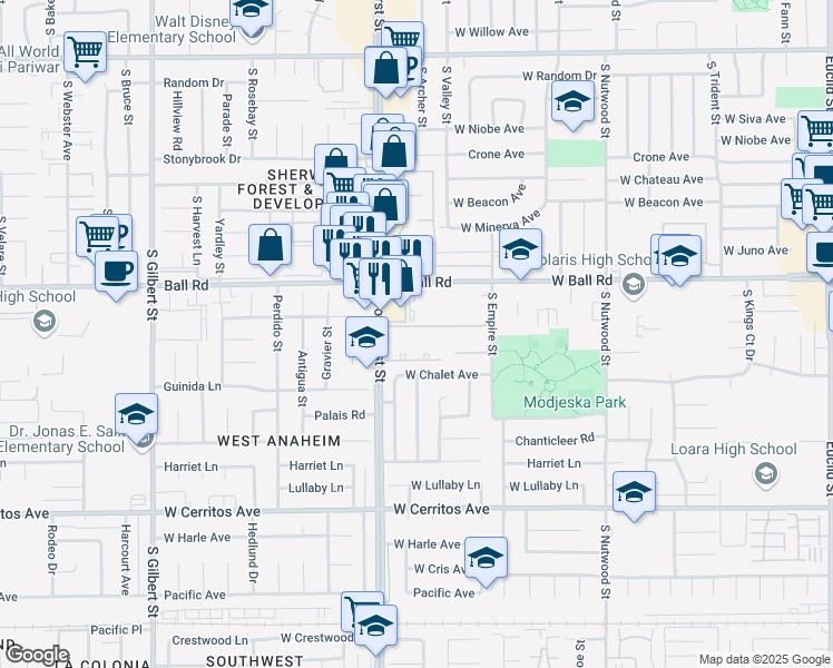 map of restaurants, bars, coffee shops, grocery stores, and more near 1250 South Brookhurst Street in Anaheim