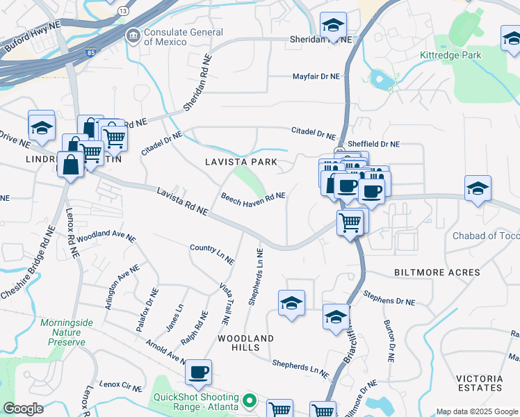 map of restaurants, bars, coffee shops, grocery stores, and more near 1255 Beech Haven Road Northeast in Atlanta
