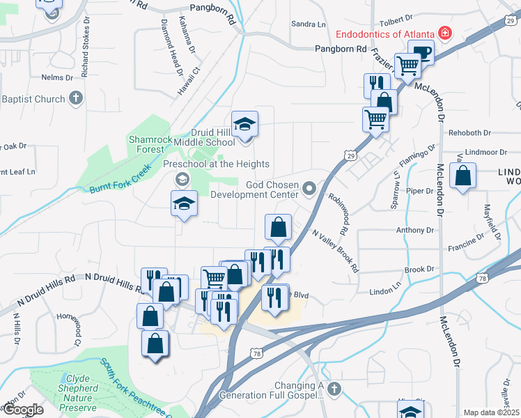 map of restaurants, bars, coffee shops, grocery stores, and more near 3003 Mount Olive Drive in Decatur