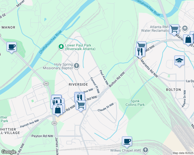 map of restaurants, bars, coffee shops, grocery stores, and more near 2480 Edwards Drive Northwest in Atlanta