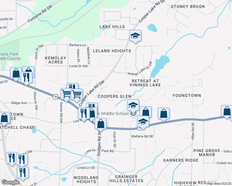map of restaurants, bars, coffee shops, grocery stores, and more near 35 Coopers Glen Drive Southwest in Mableton