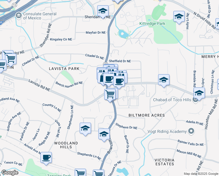 map of restaurants, bars, coffee shops, grocery stores, and more near in North Druid Hills
