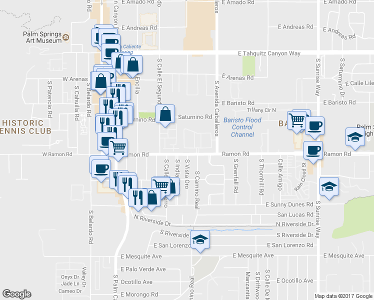 map of restaurants, bars, coffee shops, grocery stores, and more near 835 Village Square South in Palm Springs